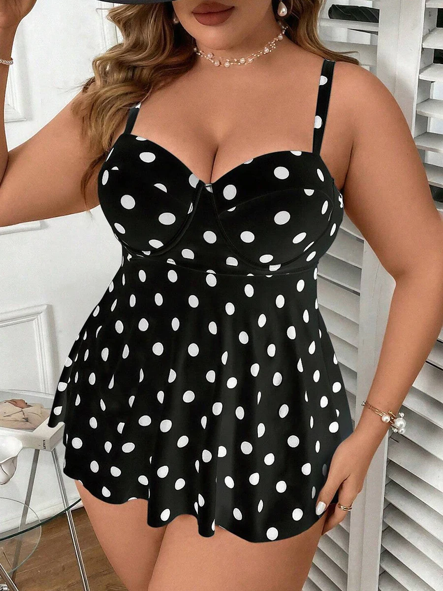 2026 Large Plus Size Tankini Beach Dress Push Up Swimsuit Women Strappy Dot Swimwear Female Bathing Swimming Swim Suit 0XL-5XL