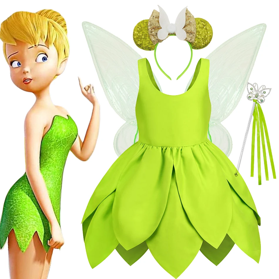 Disney Fairy Tinker Bell Dress for Girls Princess Costume Kids Cosplay Green Flower Fairy Elf Wings TinkerBell Carnival Party