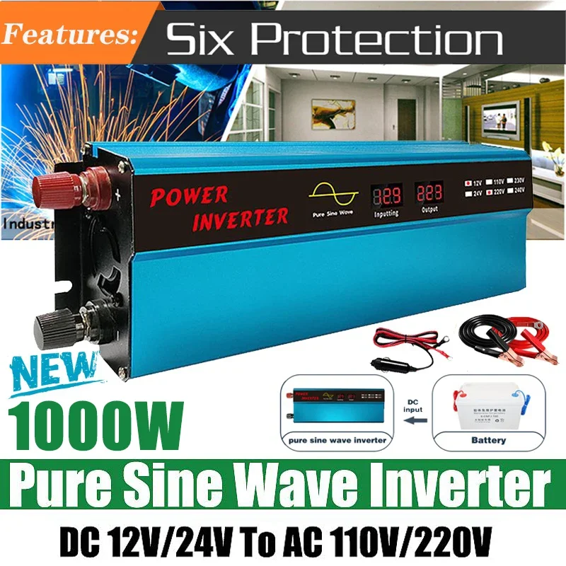 2000W Peak Power Inverter DC 12V/24V To AC 110V/220V Pure Sine Wave Car Inverter Dual Digital Display Voltage Transformer