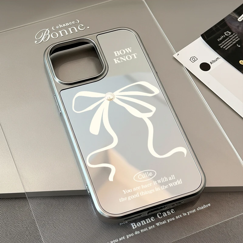 

INS корейский милый зеркальный чехол с бантом и принтом для iPhone 17 Air 16 15 Pro Max 14 13 12 11 Plus Y2K Cover