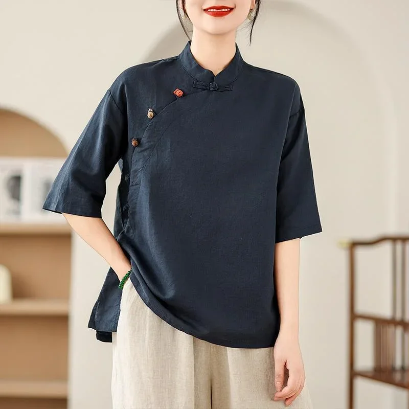 Shirt with Diagonal Placket and Stand-up Collar Tea Top New Women's Retro Cotton Linen Short-sleeved