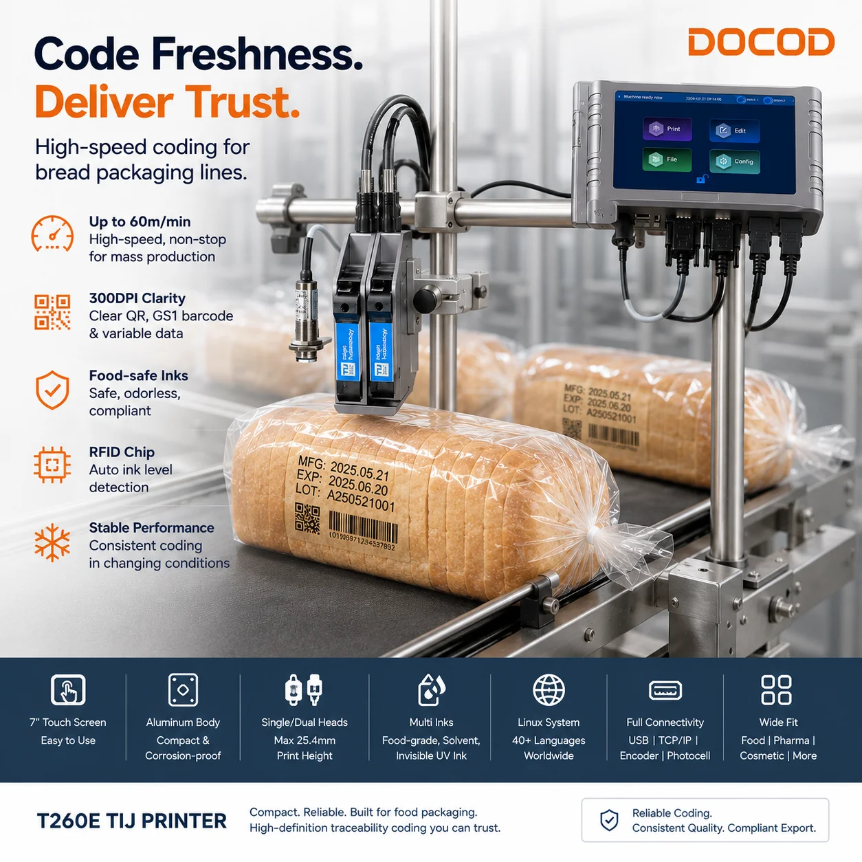 New DOCOD 25.4mm T260E Online Smart Tij Thermal Inkjet Printer Coding Machine for Expiry Date Coding Plastic Bottles Carton