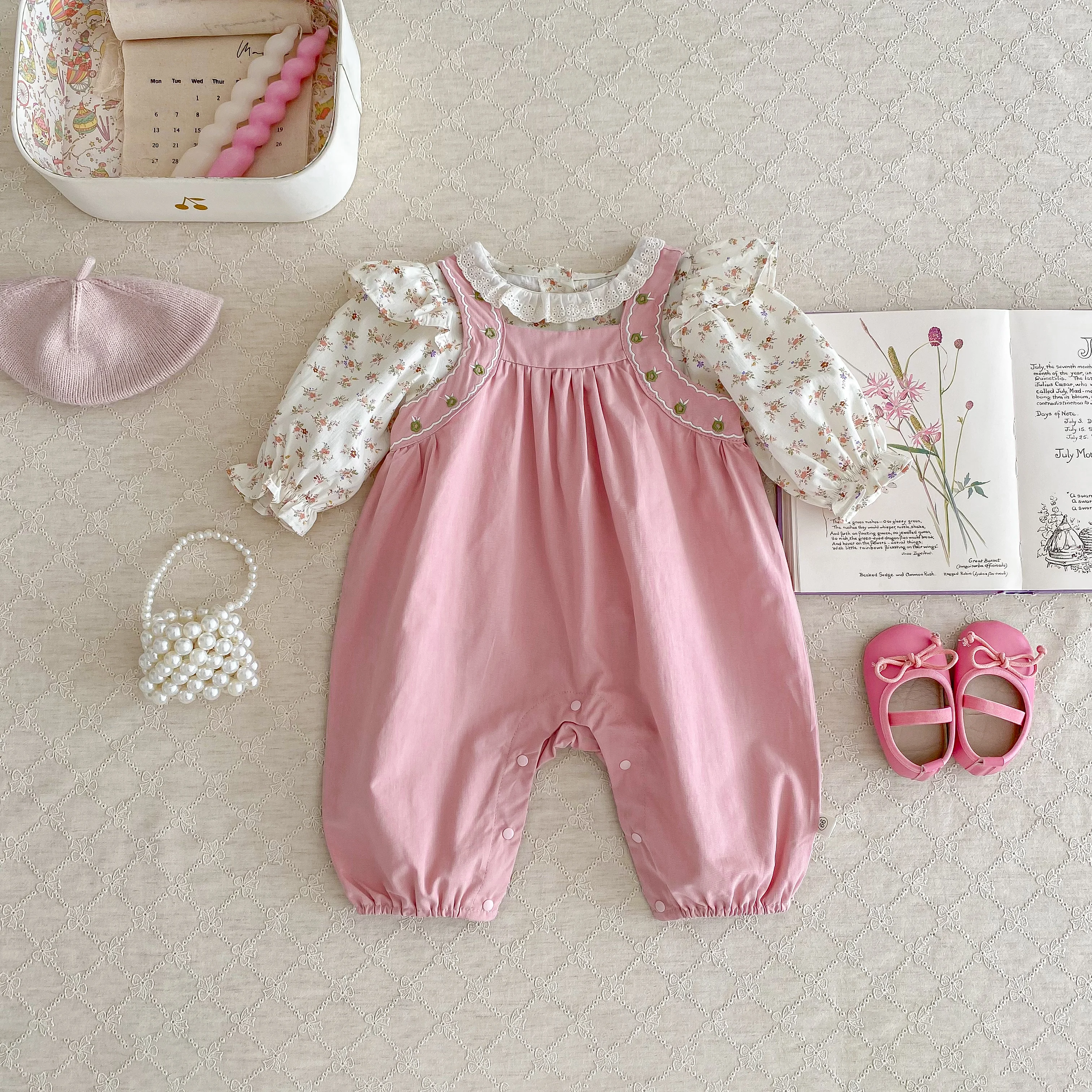 Autumn Newborn Clothes Baby Flower Embroidery Jumpsuit + Lace Collar Long Sleeves T-shirt Top Two Piece Set 0-2yrs