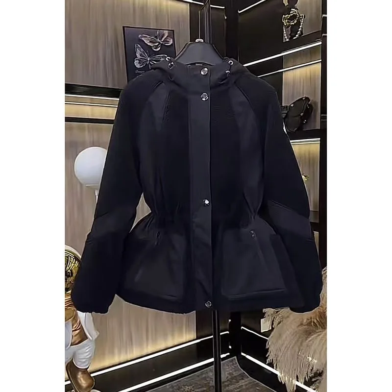 

Осень-зима 2022, новая хлопковая куртка, женская модная свободная повседневная утепленная хлопковая куртка с капюшоном, черная верхняя одежда с талией, женская
