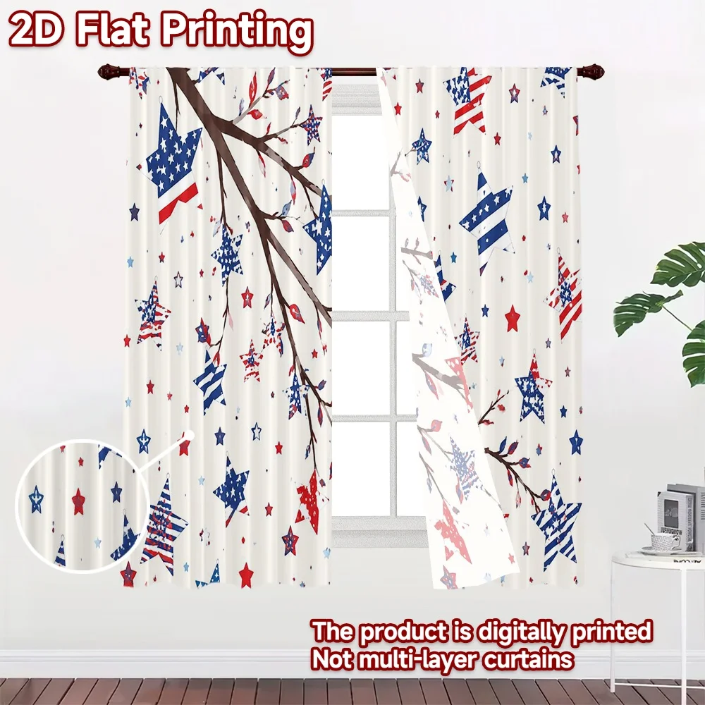 2D FLAT PRINTING 2pcs Curtains (Without Rod) Independence Day Starry Branch Chic Curtains Polyester Curtains Thermal Insulation,