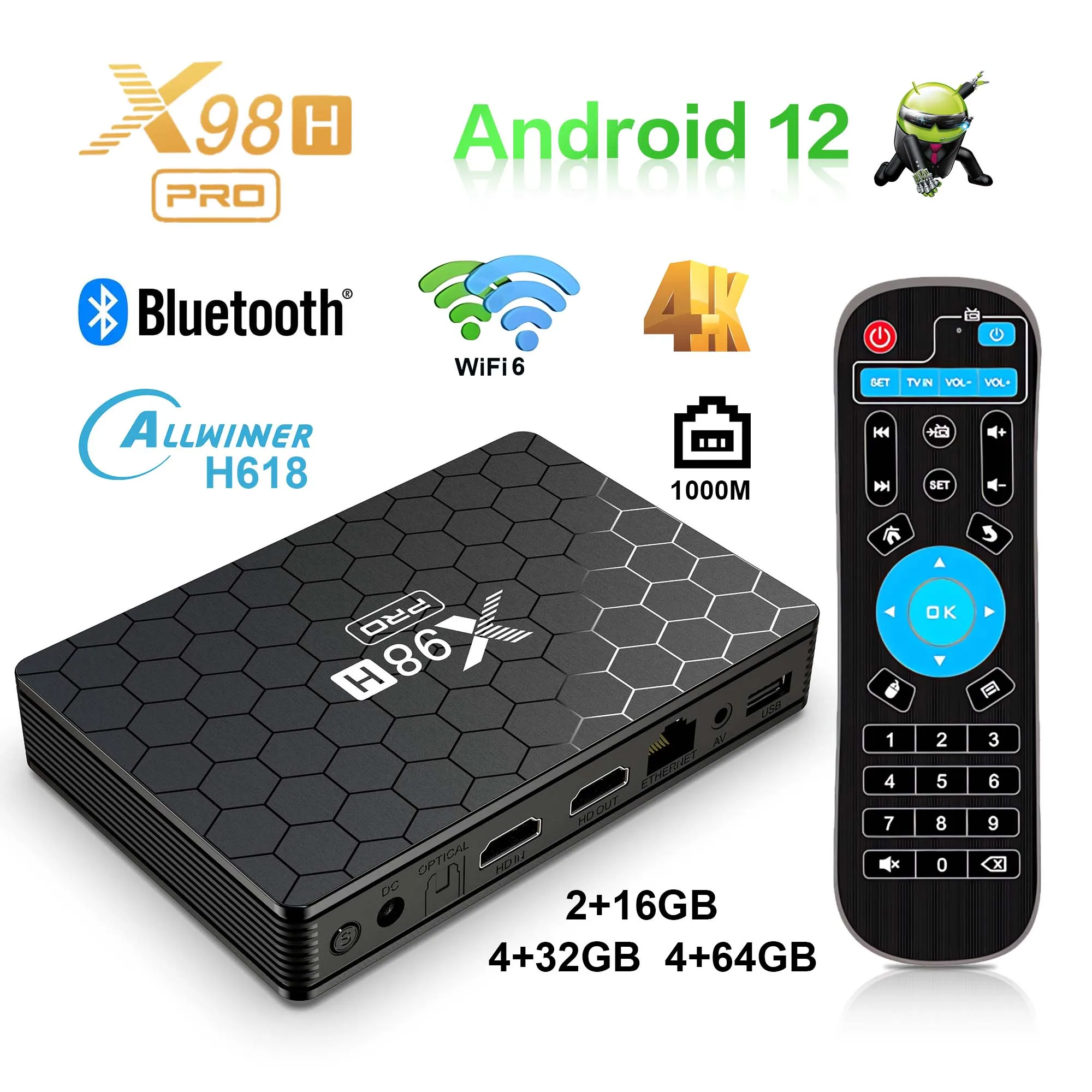 

X98H PRO Android12 Smart TV BOX AllwinnerH618 Dual Wifi6 BT5.0 4K Input 1000M LAN Support Netflix chromecast Stream Media Player