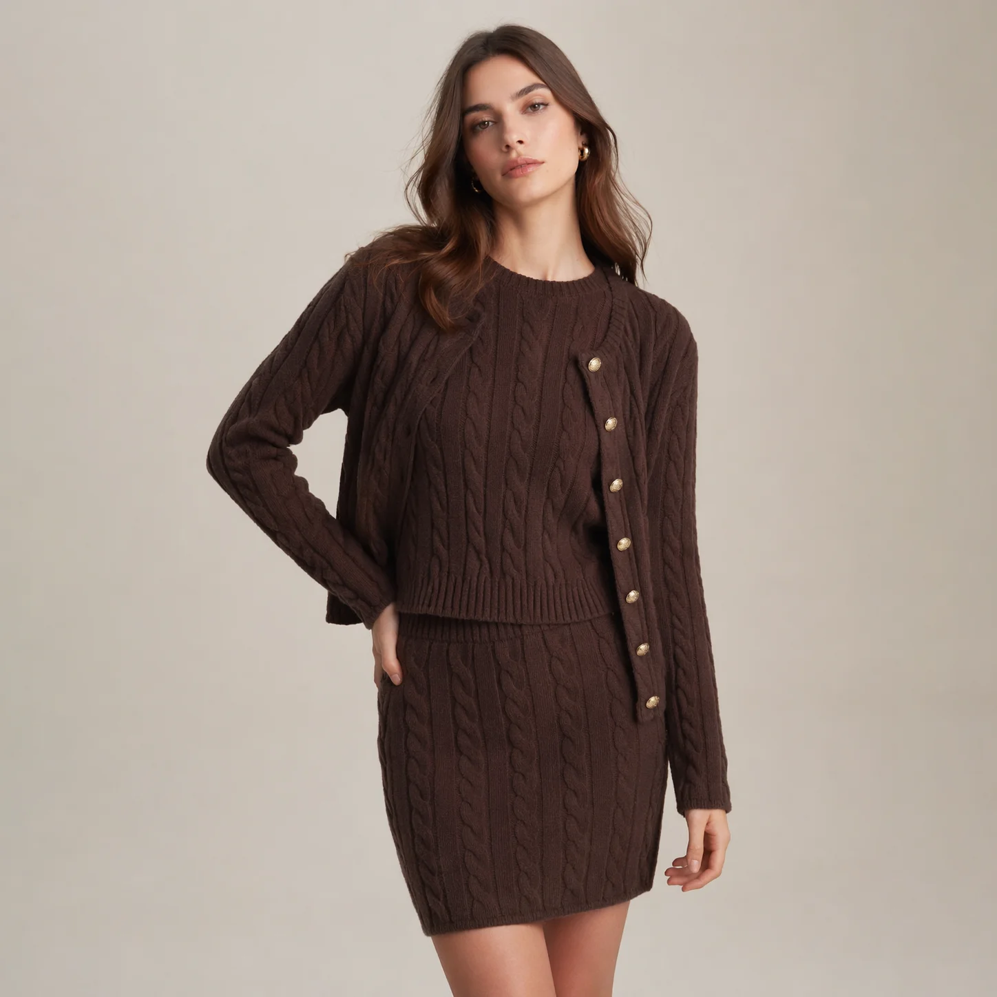 

Cable Knit 3 Piece Matching Set Crop Tank Cardigan Mini Skirt Women Elegant Outfit