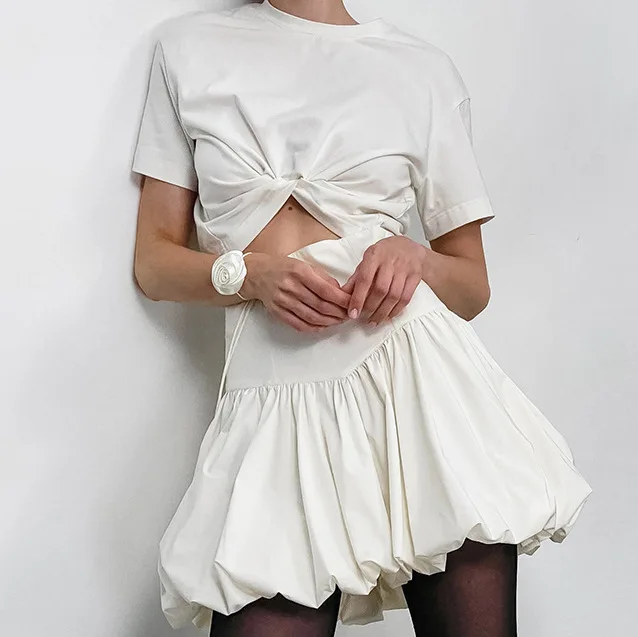 Temperamento: Gonna a mezza lunghezza versatile a vita alta in puro cotone, nuova gonna corta alla moda estiva per donna