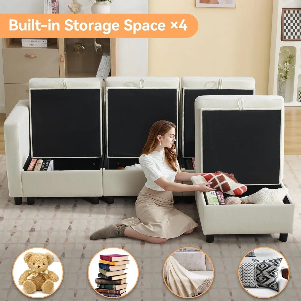 

83”L-Shaped Modular Sectional Sofa with Storage & Movable Ottoman, Convertible 4-Seat Reversible Chaise Chenille, Customized