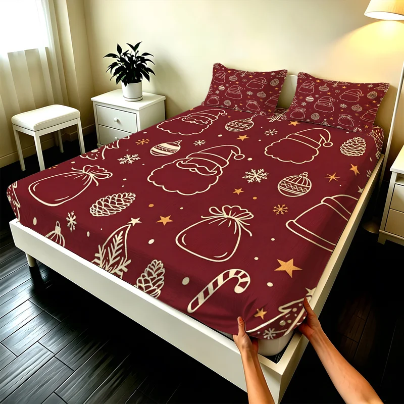 3Pcs Microfiber Christmas Fitted Sheet Set,Deep Pocket,Durable,Multi-Sizes,Green Christmas Trees Print,Modern Bedroom Decor