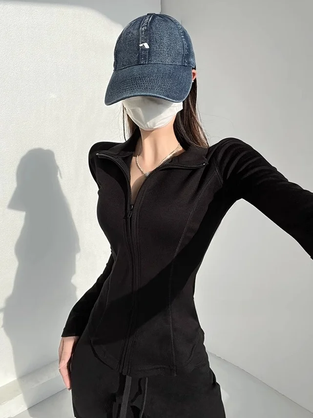 

Slimming King Elastic Zipper Fitted Yoga Top Women f High Collar Waist Cinching Long Sve Open Cardigan ort Jaet