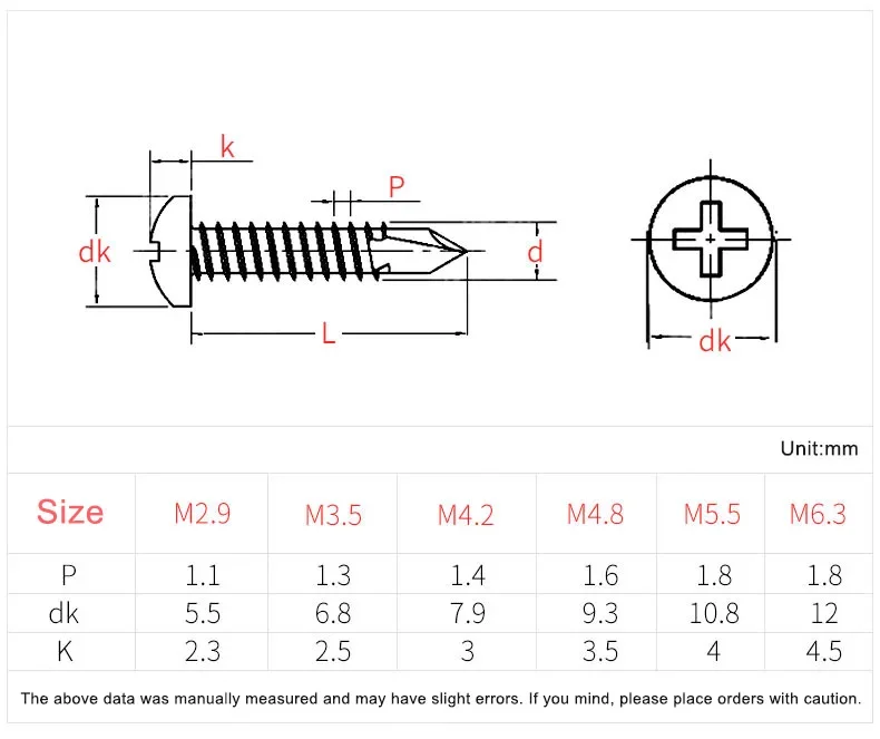 M3.5 M3.9 M4.2 M4.8 M5.5 M6.3 Vite autoperforante Phillips in acciaio inossidabile 410 Filettatura per legno Vite autofilettante Bullone a testa