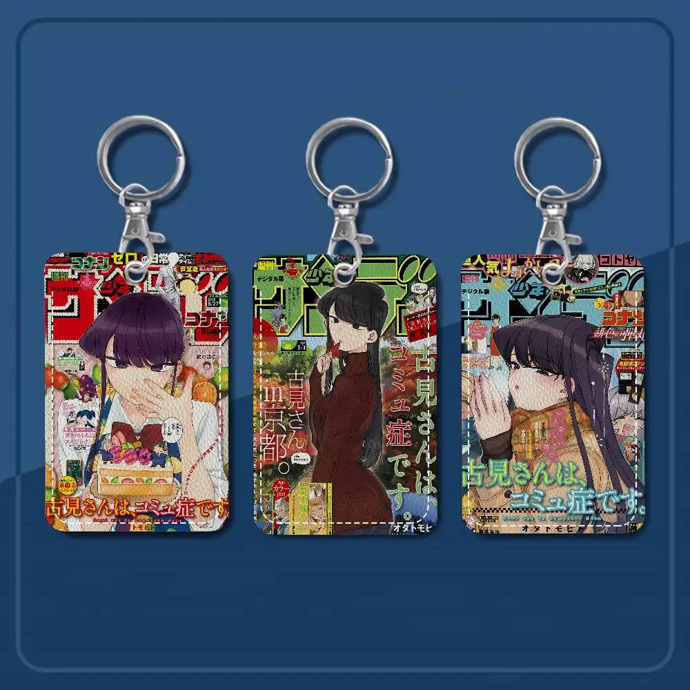 Anime Komi San Can't Communicate 1Pc PU Leather Card Holder Keychain Key Ring Door Lock Access Tags ID Card Case Keychain Card