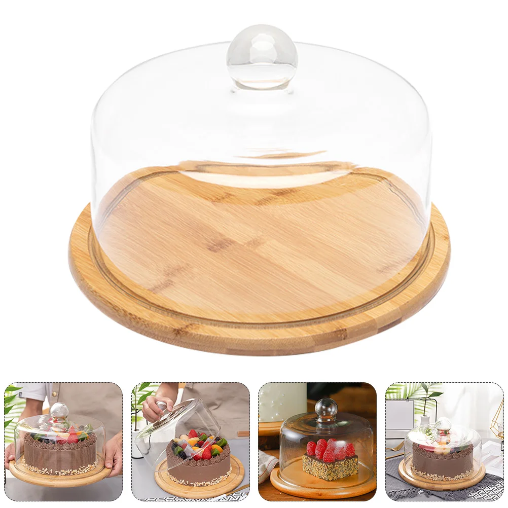 

Vintage Cake Display Tray Bamboo Glass Cover Food Serving Plate Decorative Dessert Household Snack Pastry Bread Dust Fly