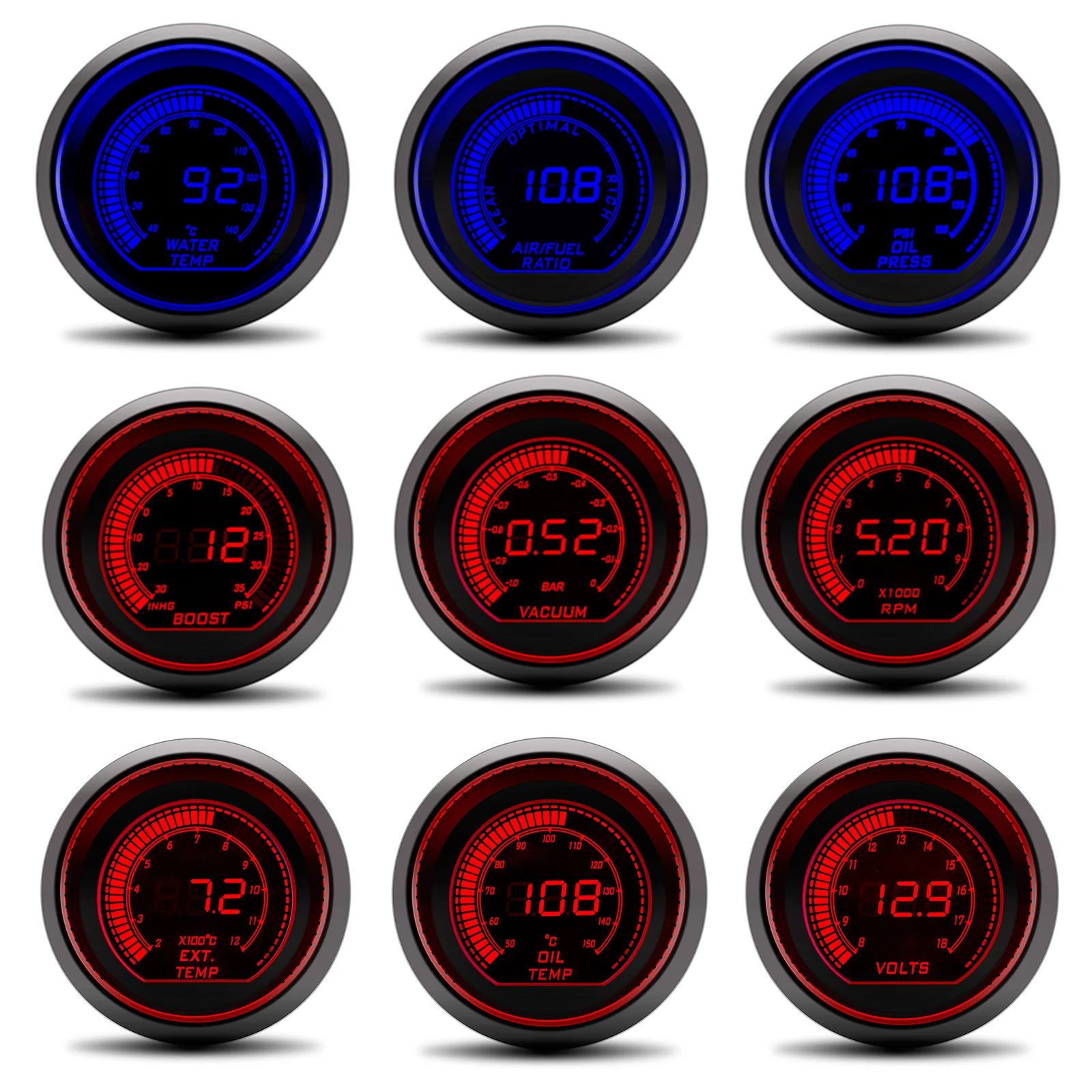52mm Water Temp Meter Boost Gauge Bar Psi Oil Temp Oil Press Volts Tachometer Vacuum Gauge Gauge Pods Red Blue customized