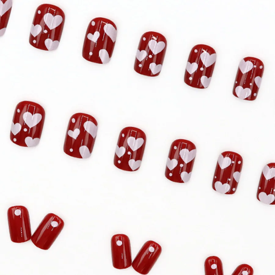 24pcs/set Short Square fake nails for women gilrs cute red white heart full cover nail tips acrylic press on false nail art set view 6