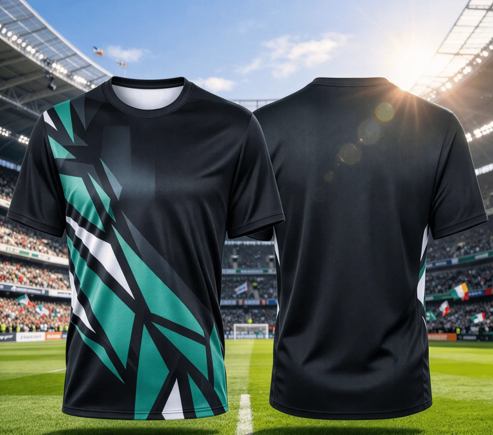 Retro Green Color Block Geometric Football Shirt, Trend Line Stadium Jersey, Lightweight Quick Dry Fan Tee