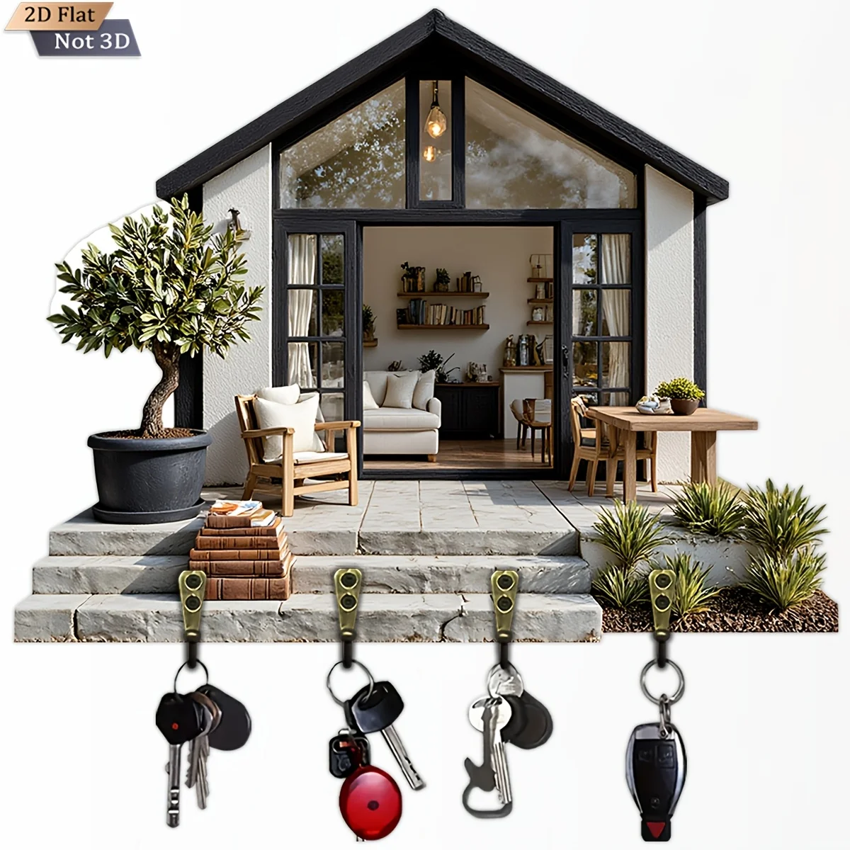 Just In Time, 2D Flach, 1 Stück, Retro Cottage-Stil Wanduhr, Multifunktionales Holz-Schlüsselregal für Zuhause, mit Vier Metallhaken