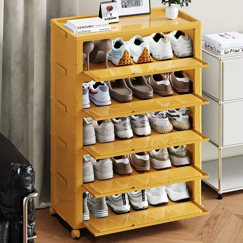 Multi Layer Plastic Shoe Cabinet ABS Foldable Storage Rack With Magnetic Flap Door And Wheels For Home Organization Space