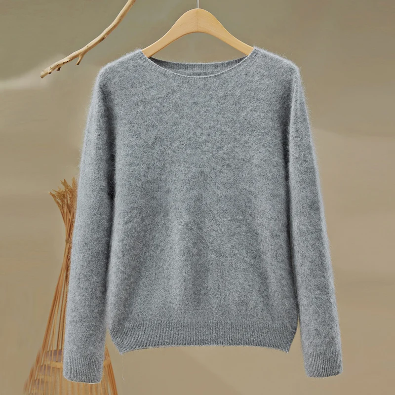 2025 automne/hiver 2025 femmes nouveau col rond ample à manches longues laine mérinos tricoté chemise couleur unie tricoté laine bas chemise