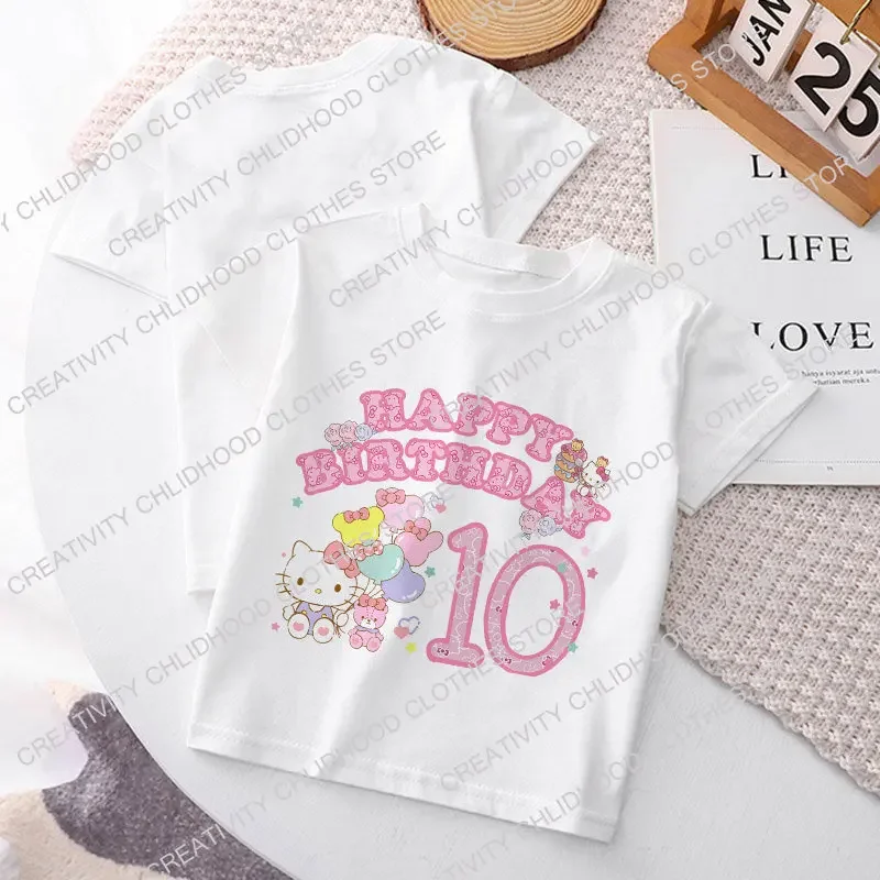 Hello Kitty Children T-shirt Birthday Number 1-14 Tee Shirts Kawaii Sanrio Y2k Cartoons Kid Girl Boy Streetwear Casual Clothes