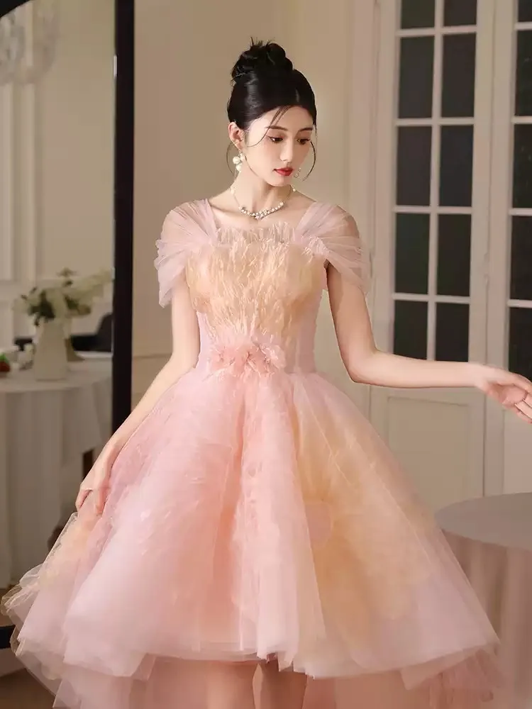 Vestido de fiesta Hi Lo, vestido de baile rosa con hombros descubiertos, con cordones en la espalda, capas de tul, bordados florales, vestidos de fiesta L & P DQL Studio