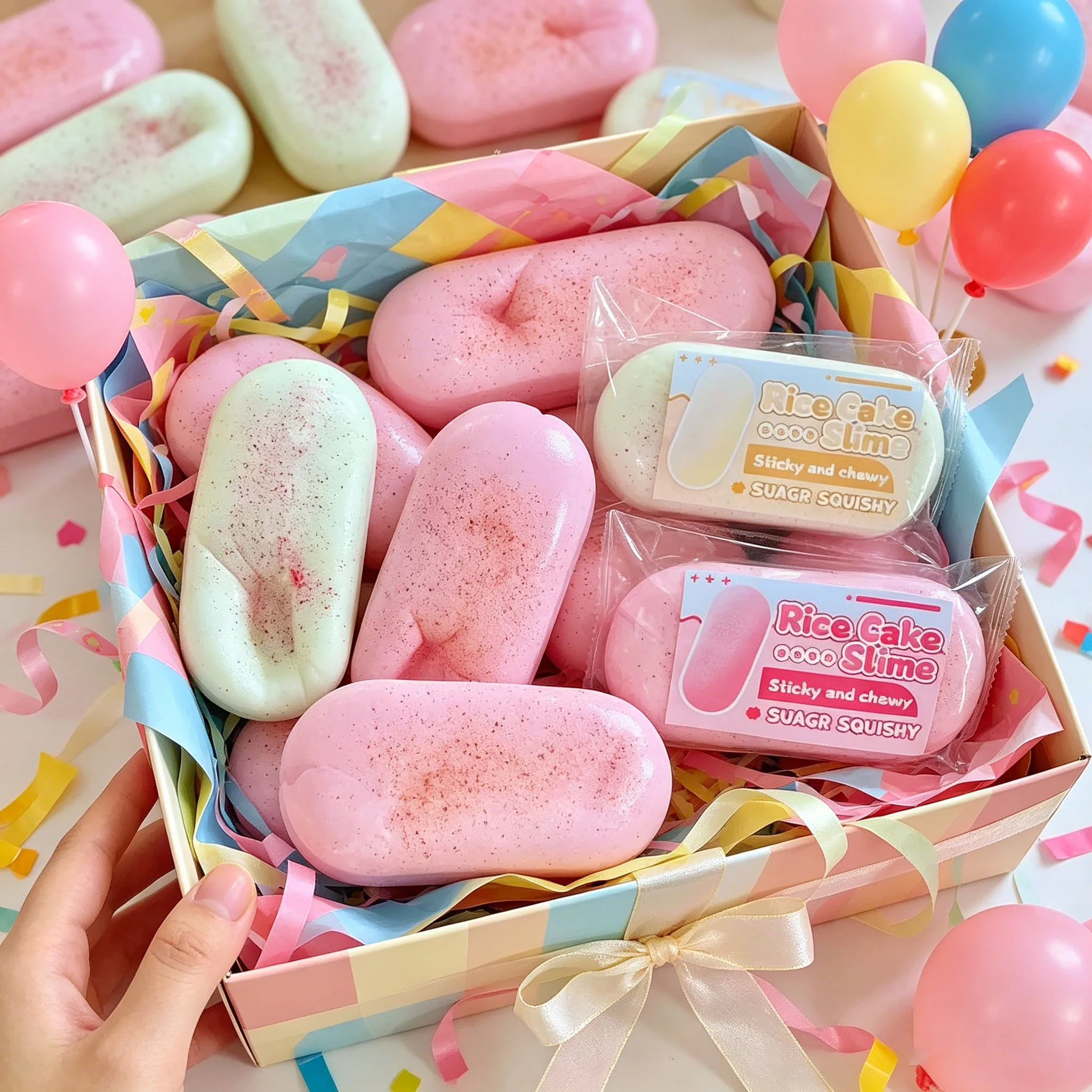 Juguete Blandito de Mochi de Arroz de Gran Tamaño, Juguete Sensorial de Tira de Queso Masticable y Pegajosa de Levantamiento Lento, Juguete Antiestrés de Postre Falso con Manchas Rosas y Blancas, Lindo Regalo de Decoración de Escritorio para Adolescentes, Adultos y Niños, 1 unidad.