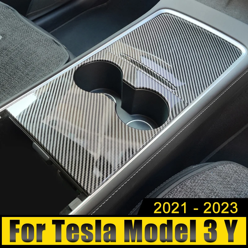 

For Tesla Model 3 Y 2021 2022 2023 2024 ABS Carbon Car Central Control Front Water Cup Holder Trim Cover Mat Decoration Sticker