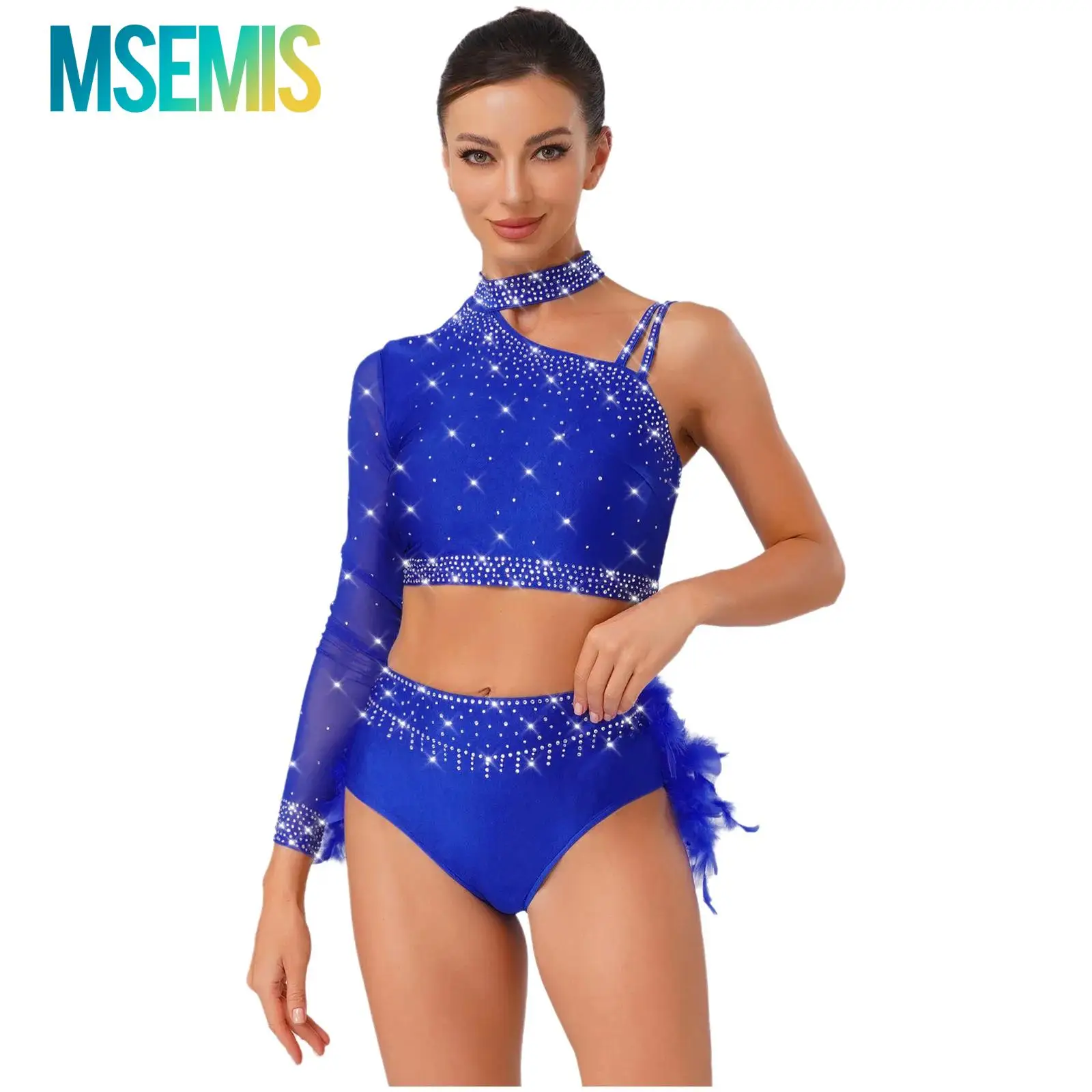 أزياء رقص تشاتشا تانجو اللاتينية النسائية ملابس مرصعة بأحجار الراين اللامعة بكتف واحد وأكمام طويلة ملابس داخلية قصيرة من الريش الخلفي #1