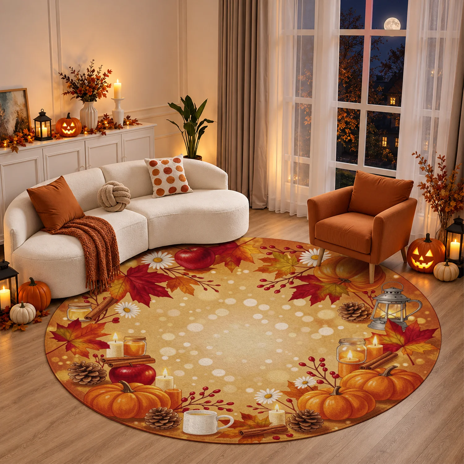 Fall Pumpkin Maple Leaf Pattern Round Velvet Area Rug, Machine Washable Cozy Soft Floor Mat for Dining Room, Living Room, Entryway, Kitchen, Perfect for Halloween, Thanksgiving, Christmas, New Year Seasonal Home Decor