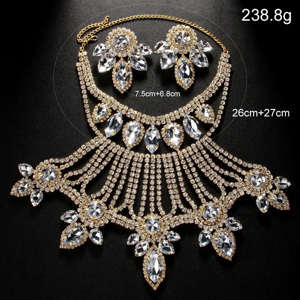 Luxury Crystal Rhinestone Choker Necklace Earrings Jewelry Set Statement Tassel Body Chain Shoulder Bib Jewelry Wedding Bridal