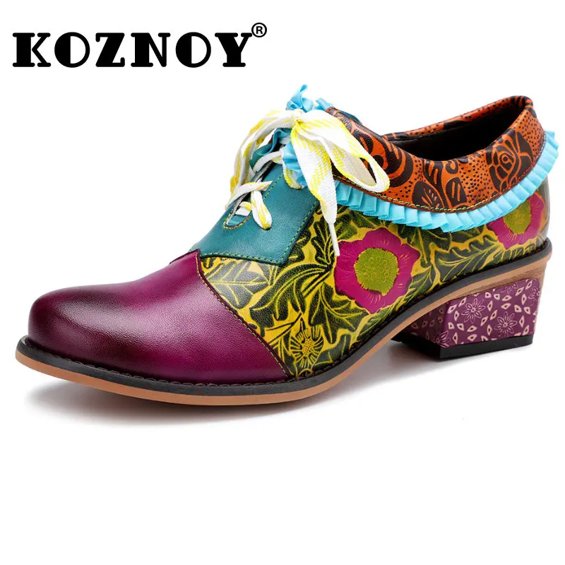 Koznoy 3cm Genuine Leather Ethnic Spring Aurumn Women\'s Plus Size Pumps Print Blace Up Luxury Elegant Females Moccasins Shoes