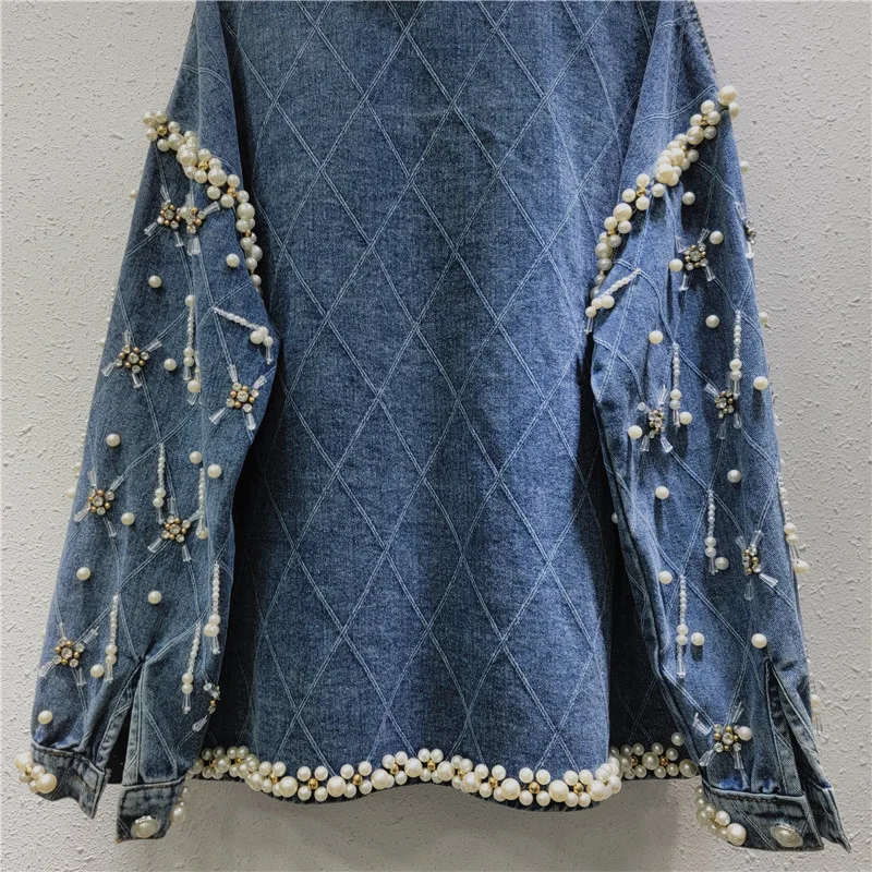Heavy Industry Beaded Diamond Lapel Denim Jacket Women 2025 New Loose European Station Mid Length Top Spring and Autumn Coat