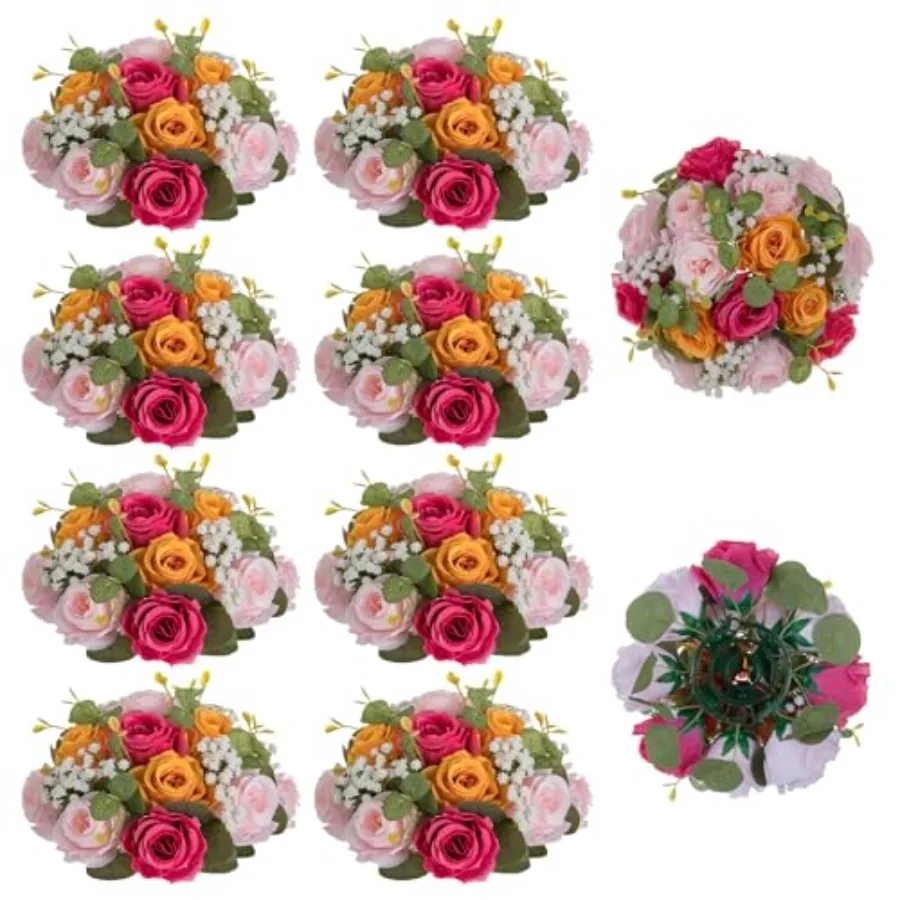 

Flower Ball Centerpieces for Tables: 10 Pcs Hot Pink Orange Pink Artificial Rose Arrangements for Wedding Party - Faux Floral B
