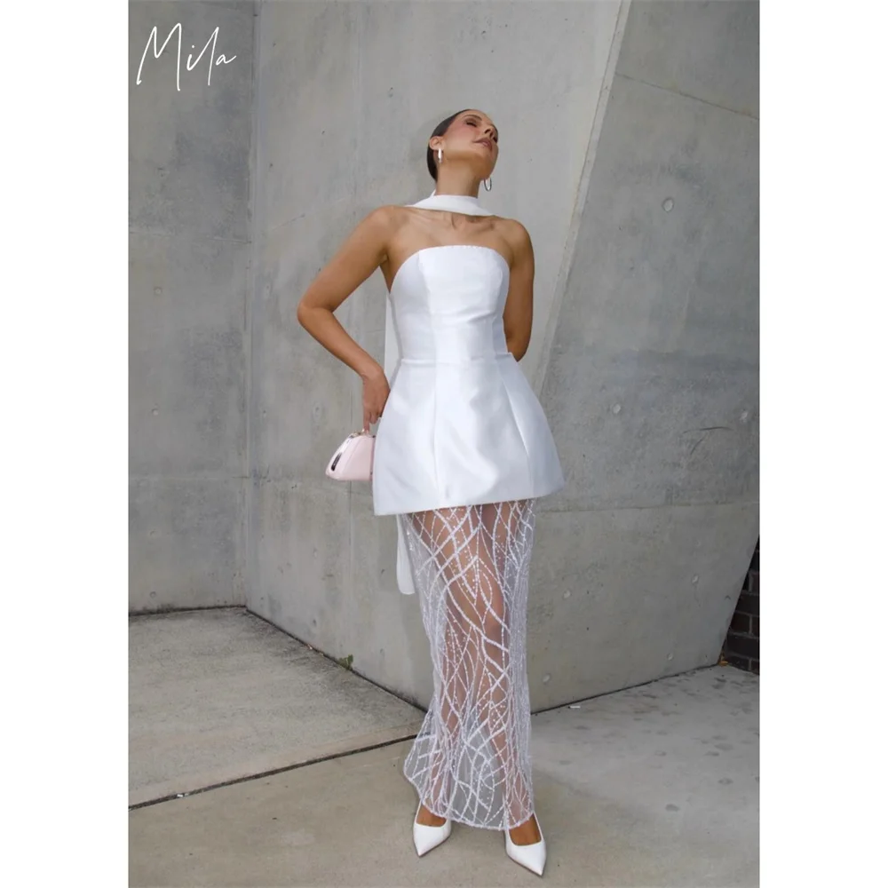 

Mila White Strapless Prom Dresses Sleeveless Customized Luxurious Women Evening Dresses Satin Ankle-Length vestidos de fiesta