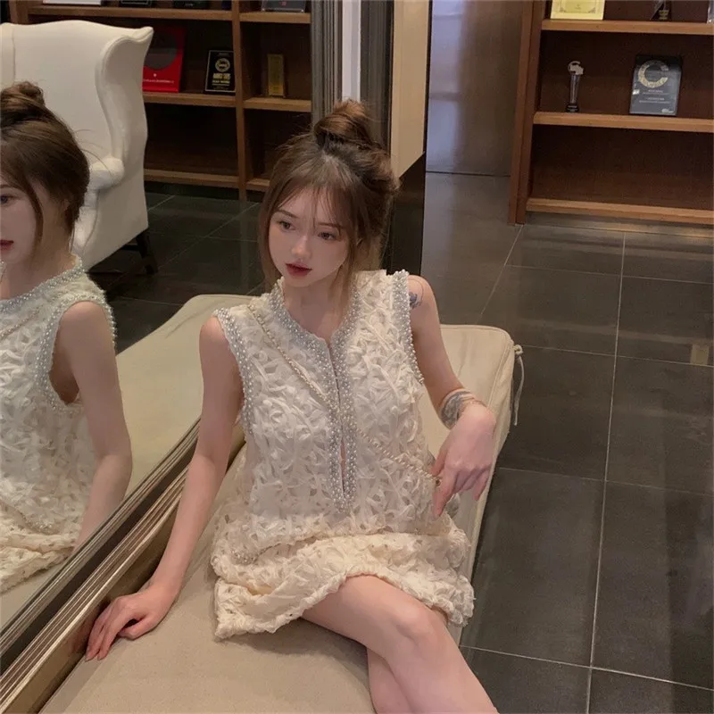 Celebrity Luxury Palace Style Party Dress Beads Sleeveless Women Summer Fashion Short Tank Dress Mesh Tassel Elegant Mini Dress