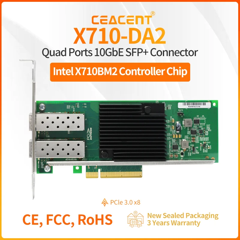 

X710-DA2 Набор микросхем Intel X710-BM2, сетевой адаптер 10 Гбит/с, двухпортовый SFP + PCIe 3.0 x8, серверный сетевой адаптер, гарантия 3 года