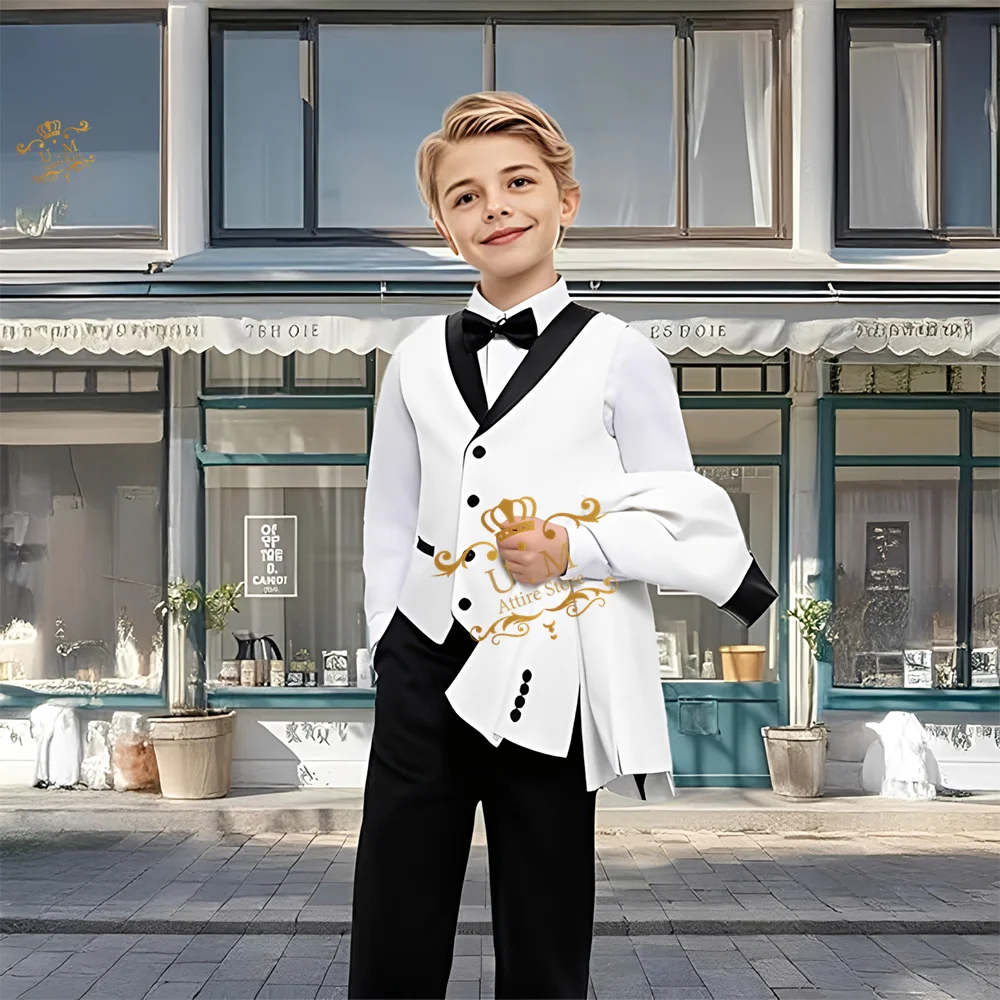 

Formal child white suit 3-piece set black satin shawl lapel jacket vest pants tailored fit for school prom wedding pageboy wear