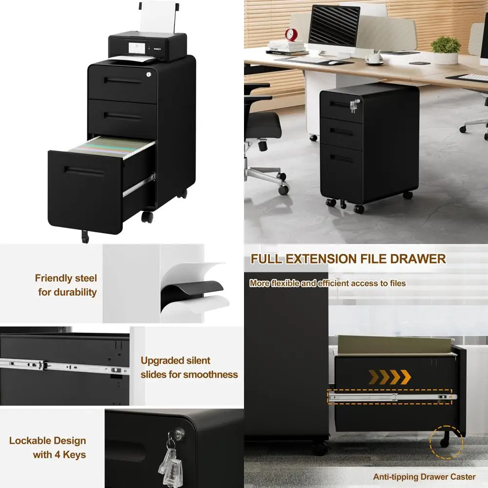 Secure Mobile Metal File Cabinet with 4 Keys, 3-Drawer Lockable Storage for Home Office, Under Desk, Pre-Assembled
