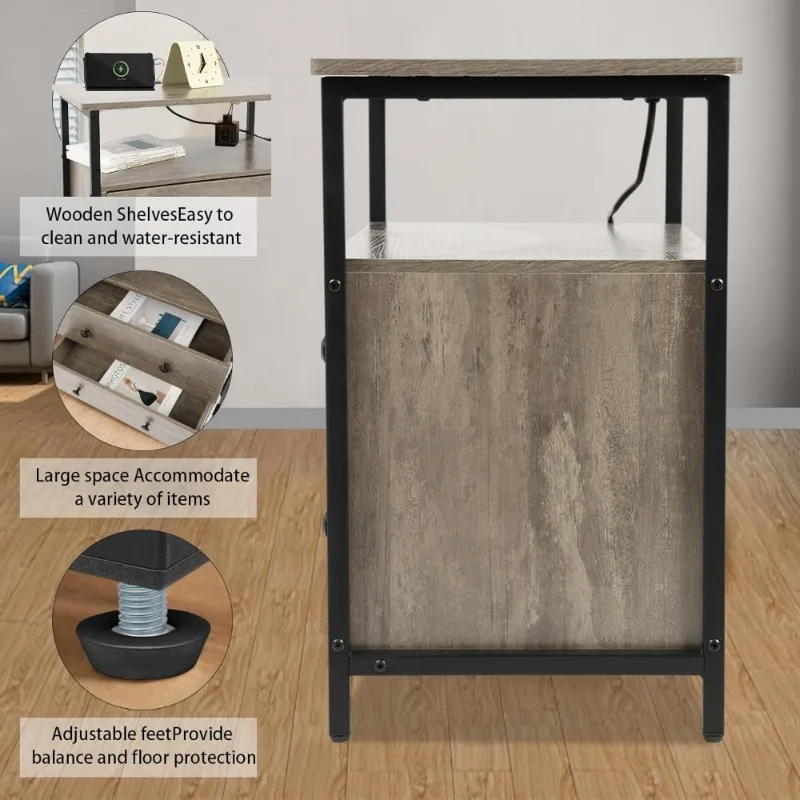 منضدة مقاس 27 بوصة مع قاعدة شحن ودرجين وطاولة بجانب السرير ورف مفتوح للتخزين باللون الرمادي، مجموعة من 2 #5