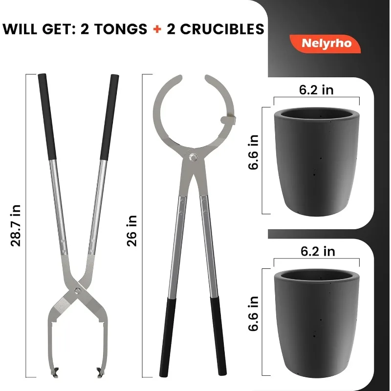 Crucible Tongs Set with 2 Graphite Crucibles, Lifting and Tipping Tongs for Jewelers Metal Foundry Smelting