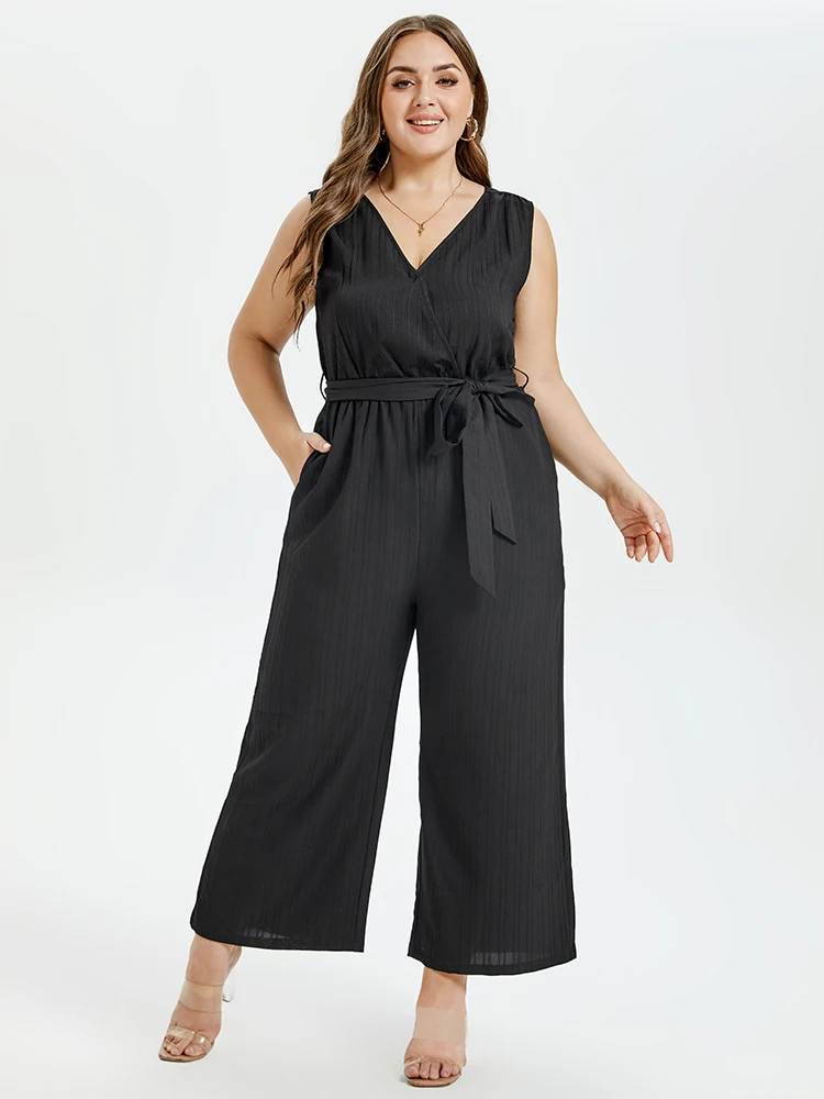 Plus Sized Clothing Women Sleeveless Solid Elegant Summer Black V-Neck Belted Wide Leg Tank Jumpsuit with Pockets Playsuits