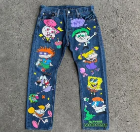 Y2k – jean droit taille haute pour hommes et femmes, motif de dessin animé rétro américain imprimé, mode décontracté, surdimensionné, jambes larges