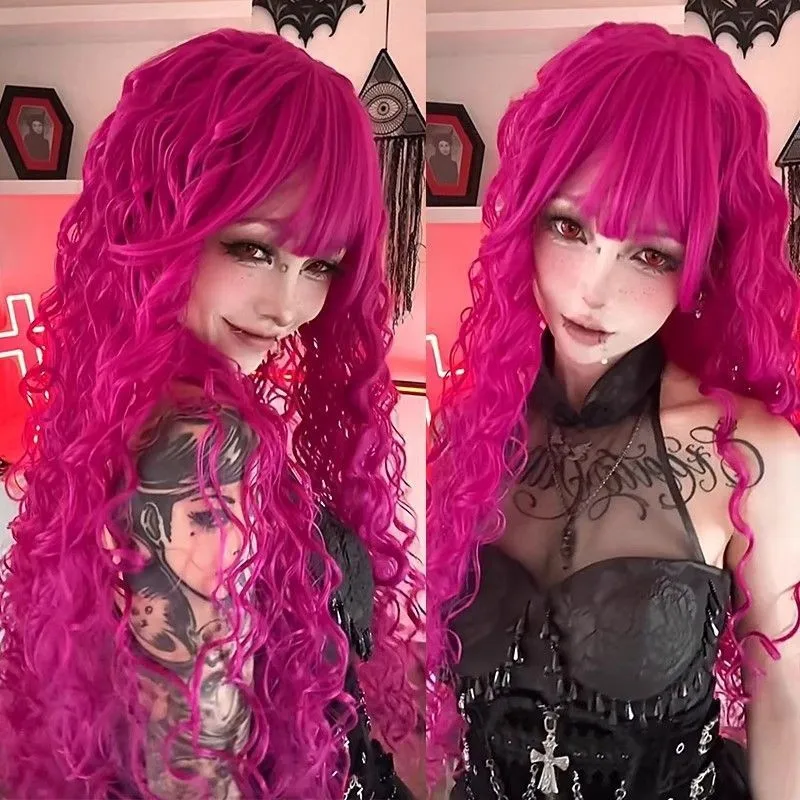 Pink Wig Women's Curly Full Head Wigs Long Bangs Magenta Pink Synthetic Fiber Cosplay Wig High Volume Side Part Anime Wig