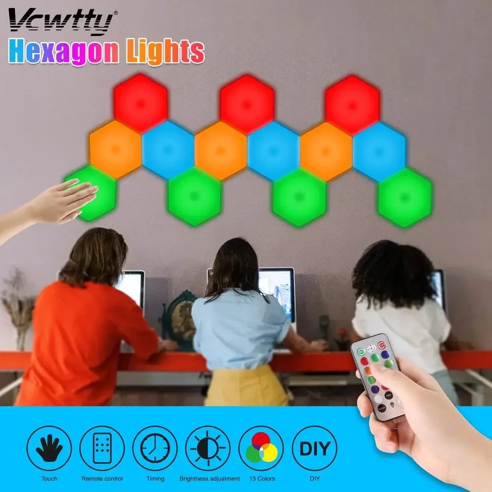 Smart Hexagon LED Wall Lights Touch-Sensitive RGB Panels with Remote Control DIY Mood Lighting 13 Colors Easy Installation