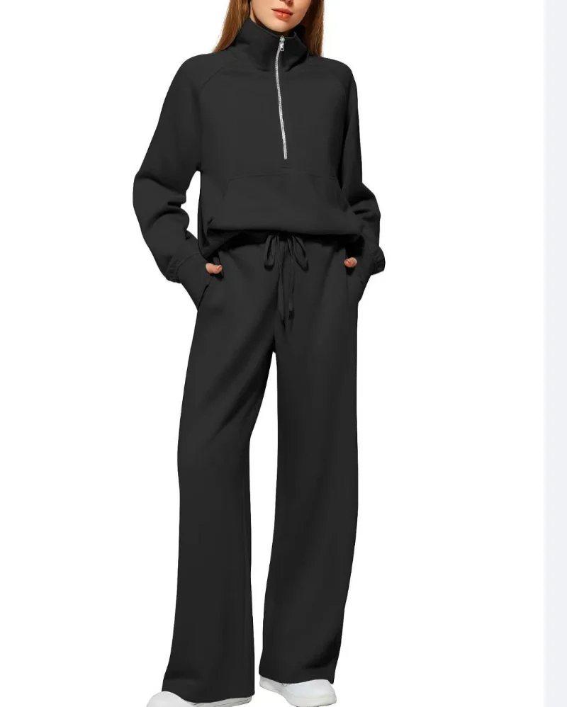 2 Pcs/Set Women Top Pants Set Half Zipper Turn-down Collar Long Sleeves Sweatshirt Elastic Waist Wide Leg Sweatpants Tracksuit