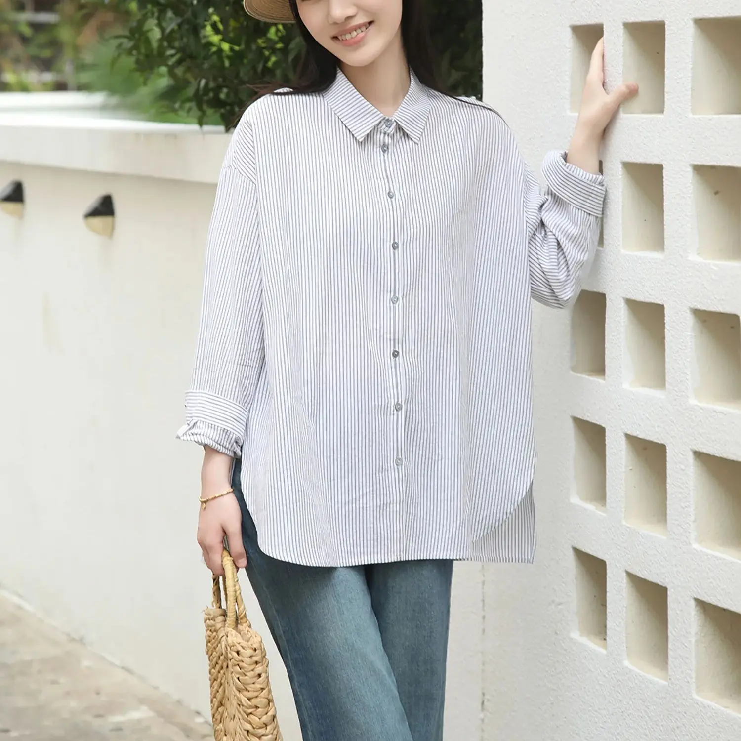 เสื้อเชิ้ตแขนยาวทรงหลวมลายทางสีดำขาวสำหรับผู้หญิง LZJN – เสื้อคลุมคาร์ดิแกนแบบสวมทับสำหรับฤดูใบไม้ผลิ/ฤดูใบไม้ร่วงสไตล์ลำลอง