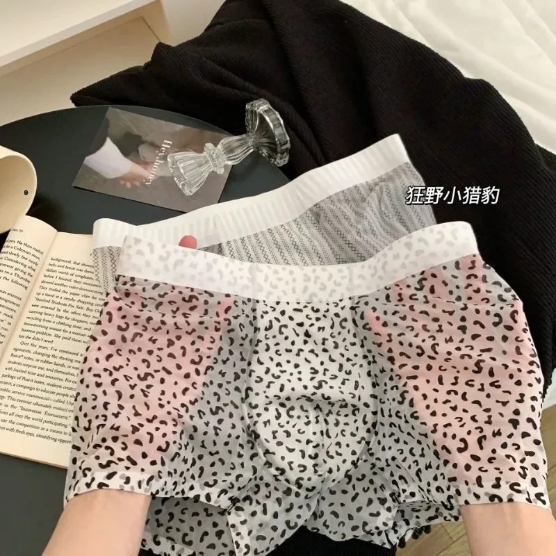 Quick Drying Men\'s Underwear Leopard Ice Silk U Pouch Boxer Shorts Zebra Striped Seamless Male Ultra-thin Flat Panties Mid Waist