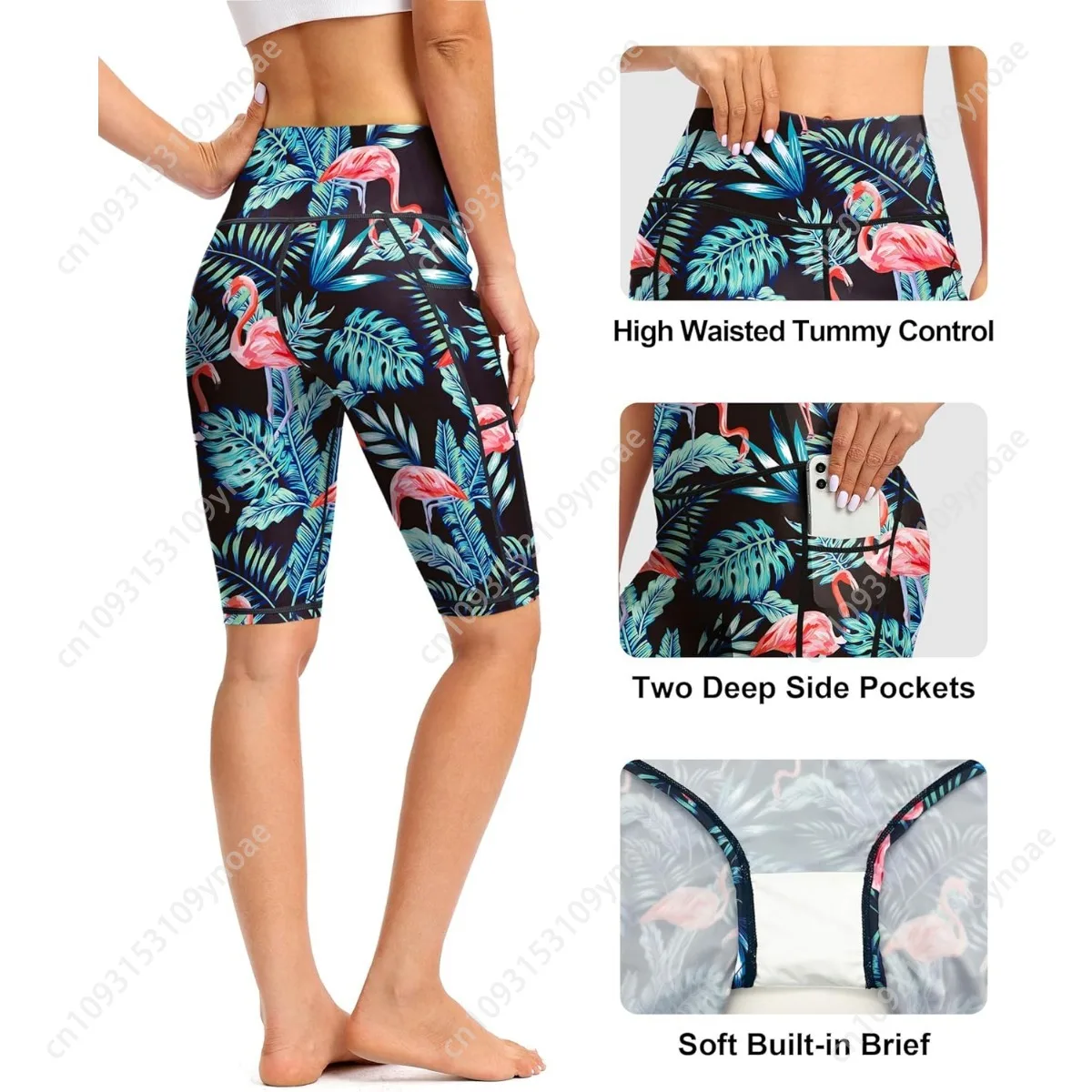 Tropical Palm Leaf Yoga Shorts Sports Women Panties Tight Hip Pants High Waist Scanties with Pockets Bathing Trunks Beach Casual