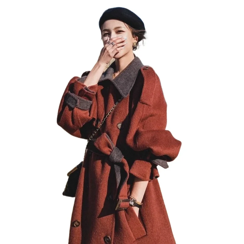 

Средняя и длинная шерстяная куртка, женская одежда, зимняя новинка, корейская версия в стиле Хепберн, свободный утепленный костюм, шерстяное пальто, куртки